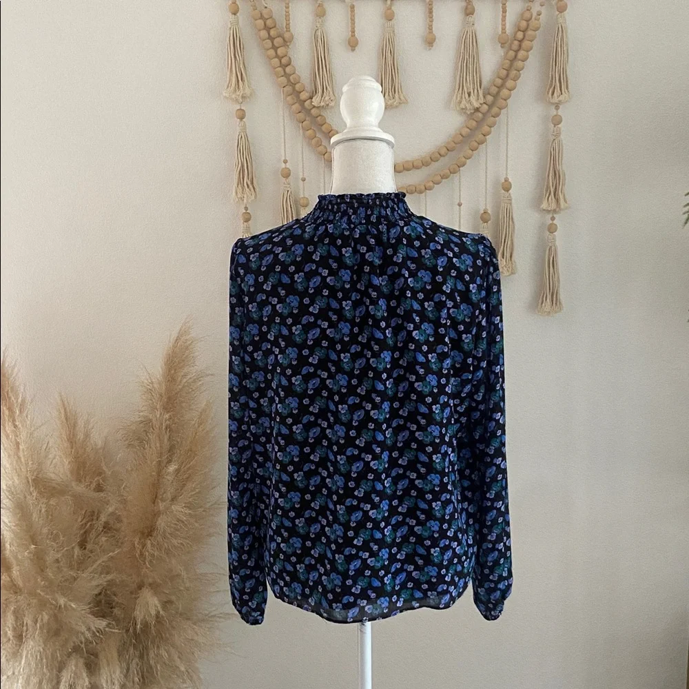 J. Crew mock neck smocked blouse top black & blue floral print crepe spring M